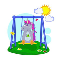 A cartoon unicorn swinging on a swing
