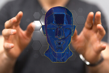 Abstract polygonal human face, 3d illustration of a cyborg head construction