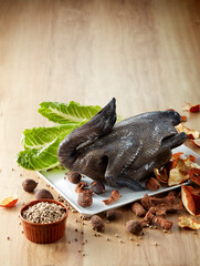 Fresh ingredients, black chicken and soup ingredients