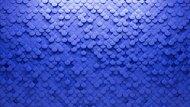Blue, Fish Scale Wall background with tiles. Polished, tile Wallpaper with 3D, Futuristic blocks. 3D Render