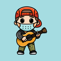 cute guitarist with headphone and mask for character, icon, logo, sticker and illustration.