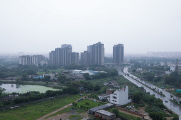 Fototapeta na wymiar Aerial landscape view of Dwarka Expressway, View of a newly city being built.