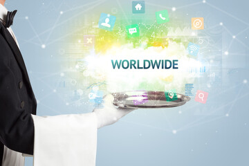 Waiter serving social networking concept