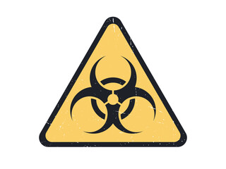 Biohazard warning black and yellow sign in triangular shape with transparent scratched grunge texture