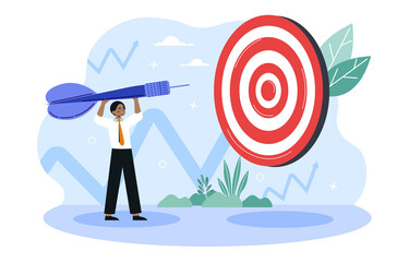 Ma stand and hold dart before bullseye target. Motivation in business goal achievement, hero image. Flat abstract metaphor cartoon vector illustration concept design isolated on white background