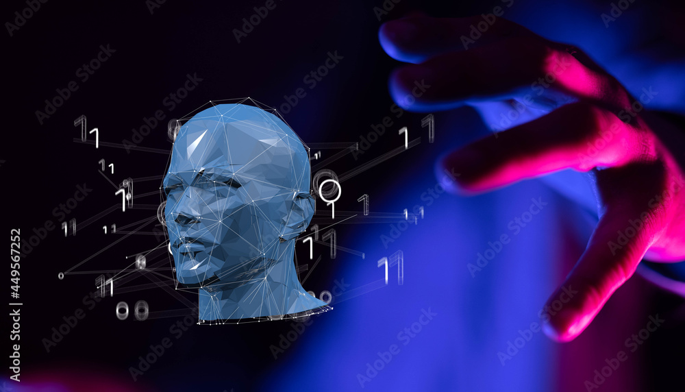 Poster human head and brain with artificial intelligence concept