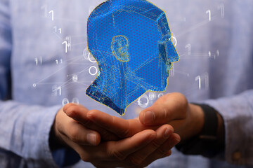 Abstract polygonal human face, 3d illustration of a cyborg head construction