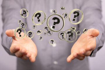 Businessman solving problem with digital question marks 3D rendering