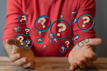 Businessman solving problem with digital question marks 3D rendering