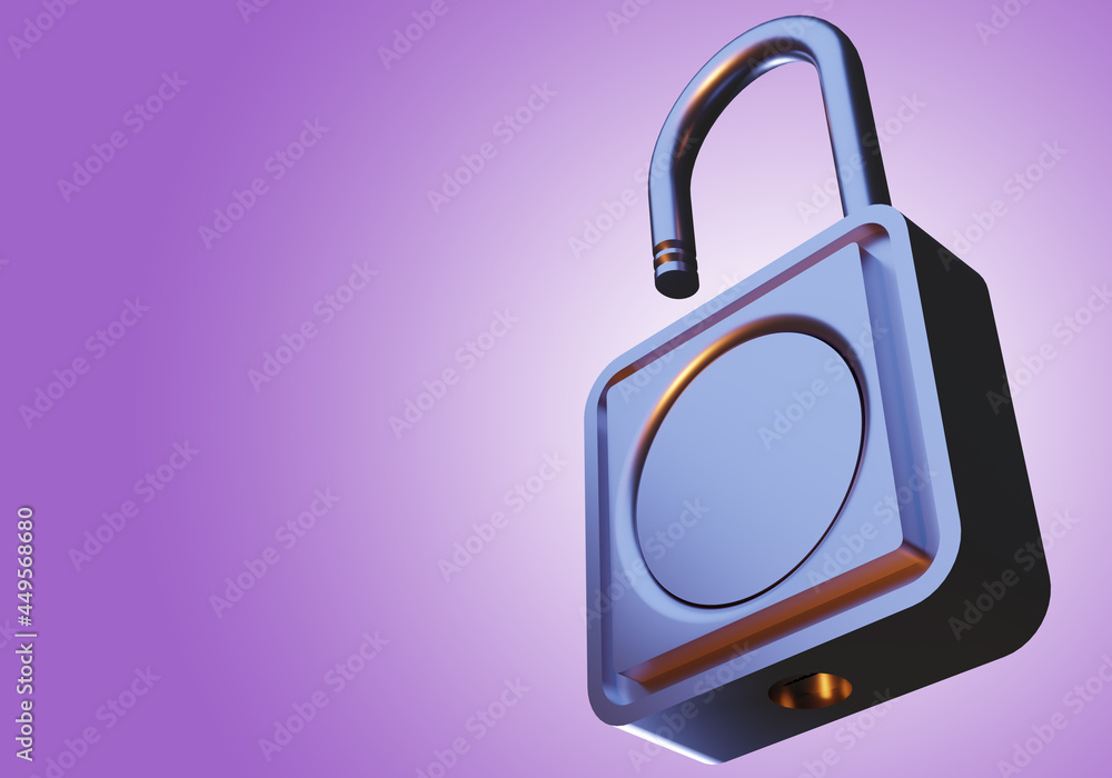 Poster open padlock. padlock is floating in air. gate lock on purple background. realistic 3d castle close-