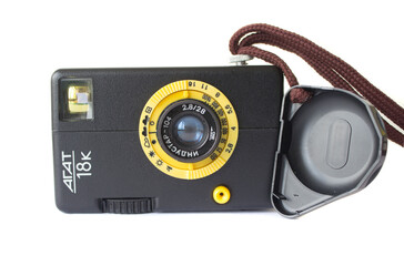 The camera has a plastic body, a 35mm camera.