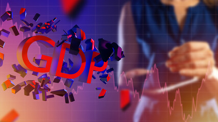 GDP logo near graph. Decrease in global GDP. Woman analyst in background. Blurred girl in background. Decline GDP symbolizes economic crisis. World economic depression. Decrease economic growth rates