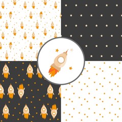 Set of seamless vector illustrations of cute rockets and stars. Minimalist patterns are good for both newborns and children.