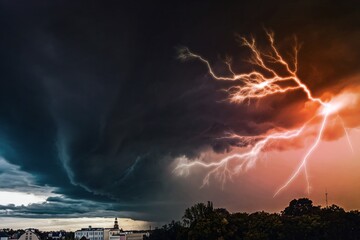 Thunderstorm in the city, lightning sparkles into the sky