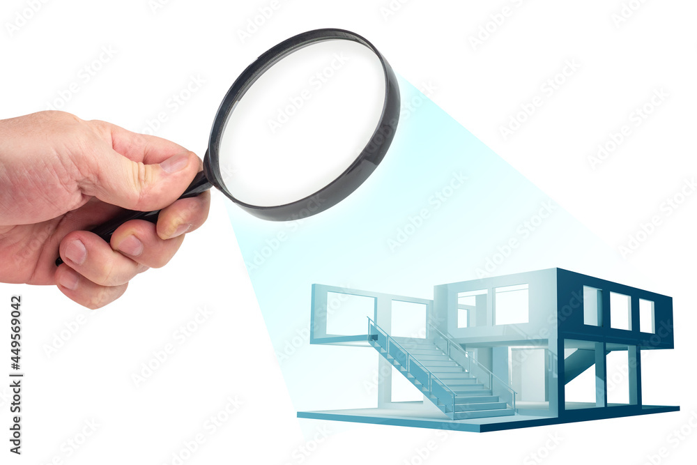 Poster magnifying glass above building layout. magnifier in hand of man. architectural design concept. stud