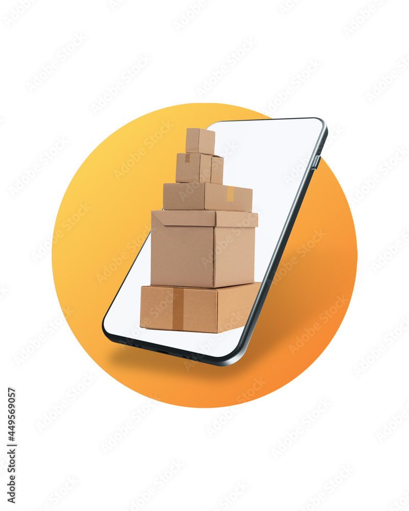 Poster boxes in phone display. boxes as symbol of parcels. tracking referrals in phone. metaphor for tracki