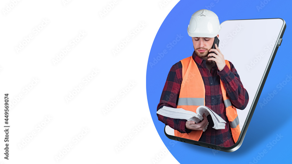 Poster builder speaks on phone. man builder talking through phone. builder is calling. place for text about