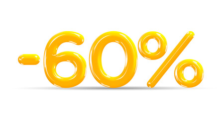 60 percent Off. Discount creative composition of golden or yellow balloons. 3d mega sale or sixty percent bonus symbol on white background. Sale banner and poster. Vector illustration.