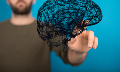 Human brain digital illustration. Electrical activity, flashes and lightning on a blue background.