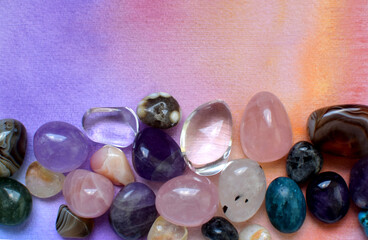 Gems of various colors. Amethyst, rose quartz, agate, apatite, aventurine, olivine, turquoise,...