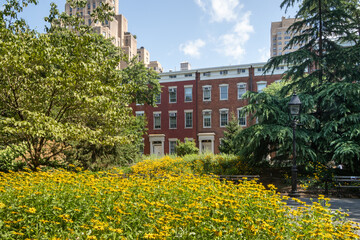 New York, NY - USA - July 30, 2021:  Horizontal view of a garden in historic Washington Square Park, with Washington Square North's row of Greek Revival townhouses in the rear.