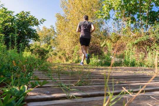 Caucasian Man Seen From Behind Running Alone Down A Wooden Walkway In Nature, On A Sunny Morning.