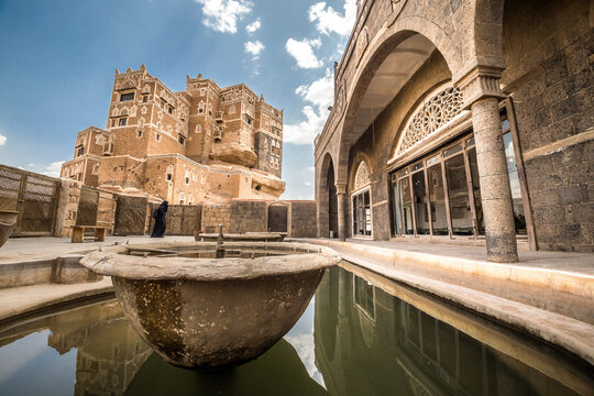 the Dar al-Hajar (Stone House), the Rock Palace in Wadi Dhahr valley, a royal palace on top of a rock built as a summer retreat near Sana'a, one of the most iconic Yemeni buildings.