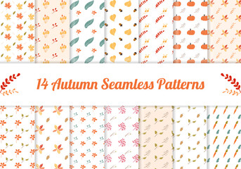 Set of 14 floral autumn seamless patterns. Seamless background with fall leaves, fall flower and fall vegetable. Set of seasonal floral wallpapers. Colorful cartoon illustration in flat design.
