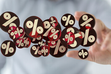 Obraz premium Red cubes percent falling on a white background. 3d rendering. Illustration for advertising.