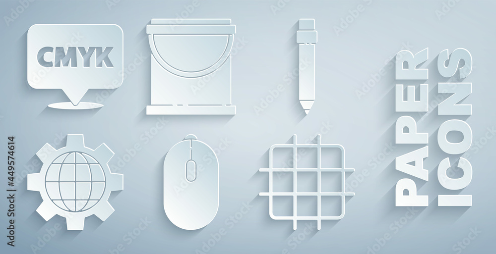 Poster set computer mouse, pencil with eraser, globe of the earth and gear, grid graph paper, paint bucket 