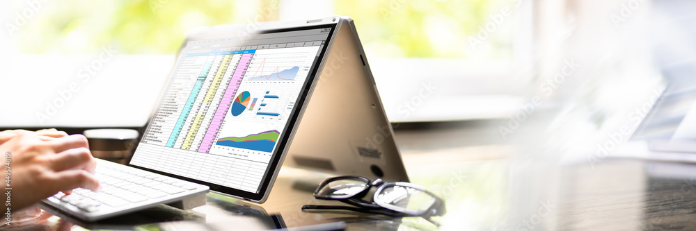 Poster spreadsheet graphs on laptop screen. working