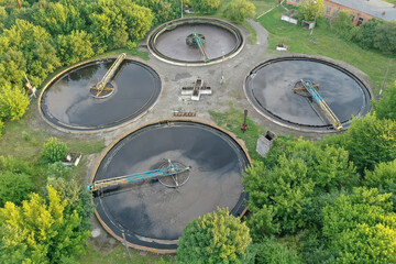 Wastewater plant, aerial view. Cleaning, purification and filtration of sewage water	
