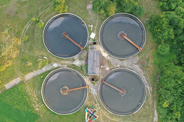 Wastewater plant, aerial view. Cleaning, purification and filtration of sewage water	