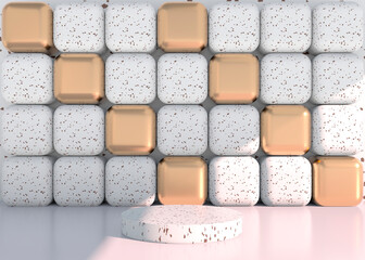 Minimal scene with geometrical forms, podiums in cream background with shadows. Scene to show cosmetic product, Showcase, shopfront, display case. 3d