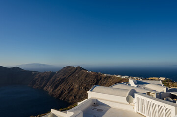 White architecture of Imerovigli on Santorini island, Greece. View of Aegean sea and caldera.