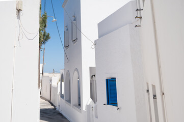 Empty street of Imerovigli on Santorini island, Greece. Traditional white architecture.