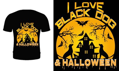 I Love black dog and Halloween t shirt design template. Typography, quote, Halloween t shirt design. Halloween party t shirt design. Dog t shirt design. Halloween day t shirt.