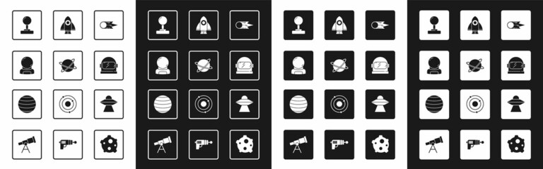 Set Comet falling down fast, Satellites orbiting the planet, Astronaut helmet, Joystick, Rocket ship, UFO flying spaceship and Planet Venus icon. Vector © Vadim
