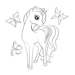 Art. Coloring.  Hand drawn illustration of cute little unicorn .Fashion illustration drawing in modern style. Silhouette. Colorbook.  Isolated .Children background. Magic pony. Sketch animals.