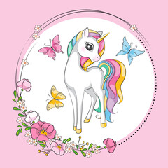 Beautiful illustration of cute little smiling unicorn  with mane  rainbow colors. Butterfly and flowers. Hand drawn picture for your design.