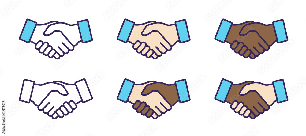 Poster handshake vector icons - set of illustrations with hands shaking, outlined with fill colour
