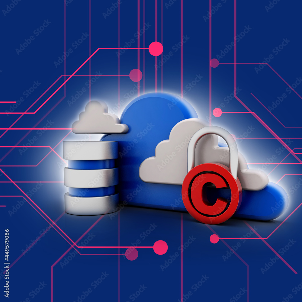 Poster 3d illustration copyright symbol protected lock with database concept
