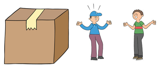 Cartoon courier discusses with customer about big parcel, vector illustration
