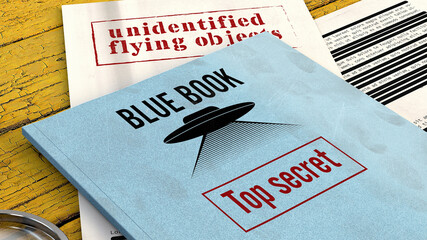 Project Blue Book was the code name for the systematic study of unidentified flying objects by the United States Air Force. Declassified documents and files, top secret files on a table. 3d rendering  - obrazy, fototapety, plakaty