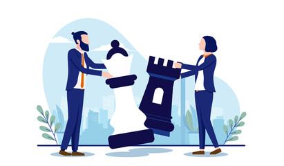 Competitive business people - Man and woman competing with chess pieces. Conflict and opposition concept. Vector illustration with white background - obrazy, fototapety, plakaty
