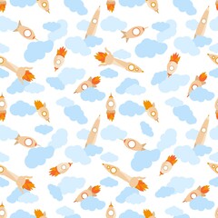 Seamless vector pattern with toy rockets in the clouds. Cute childish print on a white background.