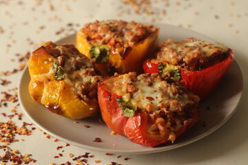 Stuffed bell peppers. Made by air frying the Bell peppers stuffed with a spicy mixture of sauteed cottage cheese and carrots, sprinkled with mozzarella cheese on top
