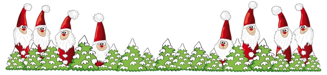 Winterlandschaft mit lustigem Weihnachtsmann Team, Banner, Hintergrund, Comic, Cartoon, Illustration, Vektor