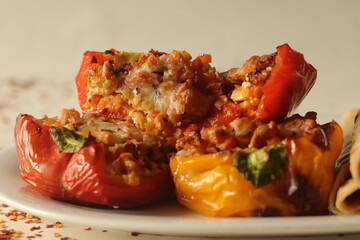 Stuffed bell peppers. Made by air frying the Bell peppers stuffed with a spicy mixture of sauteed...