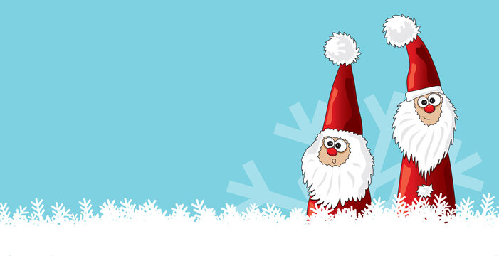 Schneelandschaft Weihnachten mit lustigen Weihnachtswichtel, copy space, Comic, Cartoon, Illustration, Vektor